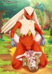 1boy 1girl bbmbbf blaziken blonde_hair blue_eyes blush breasts closed_eyes closed_eyes female_human female_human/male_pokemon male_pokemon nude nude_female one_eye_closed paizuri palcomix penis_between_breasts pokemon pokepornlive red_fur serena_(pokemon) yellow_fur