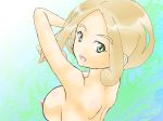 1girl areolae back breasts breasts_outside brown_hair erect_nipples green_eyes gym_leader looking_back nintendo nipples no_bra nude open_mouth pokemon pokemon_(game) pokemon_xy shiny short_hair sideboob smile solo tank_top tongue umikusa viola_(pokemon)