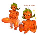  artist_signature blush blushing callie_(vero) elartedevero glass_cup green_hair nude orange_skin original pee peeing pissing pumpkin pumpkin_breasts squatting steam text theartofvero vero 