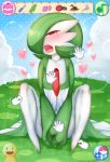  1girl blush covering covering_crotch covering_self cursor dildo egg_vibrator gardevoir green_hair heart highres no_humans open_mouth pill pokemon pokemon_(game) pokemon_amie pokemon_xy rope solo vibrator yu_yun 