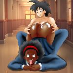  1boy 1girl afro big_ass big_breasts cum cum_on_ass cum_on_body dark-skinned_female dark_skin dragon_ball dragon_ball_super dragon_ball_super_super_hero dragon_ball_z first_porn_of_character grey_eyes headband high_school light-skinned_male light_skin looking_down looking_pleasured mouth_open public rulah_(dragon_ball) saiyan son_goten student thick_ass tongue_out top-down_bottom-up uniform 