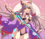 1girl alluring animal_ears catalyst_scimitar enni facial_mark japanese_clothes kimono long_hair low_twintails nia nia_(blade)_(xenoblade) nia_(xenoblade) nintendo open_clothes open_kimono purple_kimono revealing_clothes silver_hair sword twin_tails very_long_hair weapon xenoblade_(series) xenoblade_chronicles_2 yellow_eyes