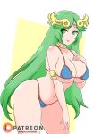 1girl alluring big_breasts big_thighs bikini breasts cleavage curvy female_only goddess green_eyes green_hair hand_on_breast kid_icarus laurel_crown light-skinned_female light_skin long_hair looking_at_viewer nintendo noboru_revista palutena thick thick_hips thick_thighs thighs wide_hips