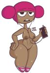  abs badguynek breasts flan_(badguynek) hairless_pussy mp3_player nipples nude nude_female oc original_character purple_hair pussy shortstack sweat 