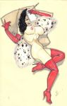 101_dalmatians arm_gloves ass babe big_breasts boots breasts cigarette cruella_de_vil disney gloves high_heels hips jaiden_lourde_(artist) legs lipstick nipples nude pillow smoking