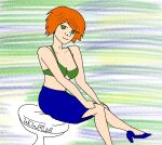  1girl 1girl betty_(berliner_fenster) bra colored_background female_focus female_only green_eyes high_heels no_shirt orange_hair shoes shorts sitting skirt solo_focus underwear wewalu 