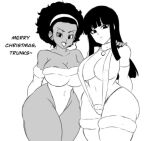  2_girls afro arm_gloves ass bangs big_ass big_breasts black_hair breasts bursting_breasts choker christmas cleavage clothes curvy dark-skinned_female dark_skin darwaarts dragon_ball dragon_ball_super dragon_ball_super:_super_hero dragon_ball_super_super_hero dragon_ball_z english_text greyscale hand_on_shoulder headband hourglass_figure leotard light-skinned_female light_skin looking_at_viewer mai_(dragon_ball) monochrome navel nipple_bulge nipples open_mouth painted_nails practically_nude revealing_clothes rulah_(dragon_ball) sideboob sidelocks simple_background skindentation sling_bikini stockings thick_thighs white_background 