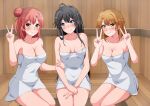  3_girls alluring black_hair blonde_hair blue_eyes isshiki_iroha konoyan naked_towel orange_hair sauna yahari_ore_no_seishun_lovecome_wa_machigatteiru. yuigahama_yui yukinoshita_yukino このやん 