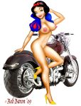 2009 big_breasts black_hair blue_eyes breasts disney dr1ace_(color) full_body hair high_heels legs lipstick motorcycle nipples nude posing princess_snow_white red_baron smile snow_white_and_the_seven_dwarfs white_background