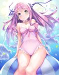 1girl 1girl blush breasts casual_one-piece_swimsuit clavicle cloud earrings heterochromia high_resolution himemori_luna hololive jewelry long_hair looking_at_viewer medium_breasts mogmog one-piece_swimsuit pink_hair sky swimsuit thighs virtual_youtuber