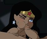 1boy 1girl age_difference black_hair blue_eyes cheek_bulge dc_comics dcau earrings fellatio female hair justice_league male/female mouthful oral randomrandom wink wonder_woman