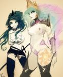 2_girls 2girls aqua_eyes belt blue_eyes blue_hair boots breasts collar crown cutie_mark deviantart equine female fim foxinshadow friendship_is_magic game_controller gaunlet hair human humanized impossible_clothing leggings looking_at_viewer mlp multicolored_hair multiple_girls my_little_pony nipple_piercing nude panties pauldron piercing pony pov princess princess_celestia princess_luna rainbow_hair short_skirt shoulder skirt smile spiked_pauldron sun sword thigh_high_boots tiara watercolor_(medium) weapon zero-sum