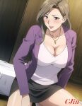  1_female 1girl 1girl 1girl ai_generated breasts business_suit chibo cjin female_focus female_human female_only female_solo fujino_ninno heeled_shoes heels_only high_heels high_heels long_hair mature mature_female mature_woman milf milf mom mommy mother_knows_breast necklace shirt shoes skirt tank_top 