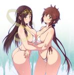  2_girls alluring ass bare_hips big_breasts bikini blush braid breast_press breasts brown_hair cleavage fan_la_norne hair_ornament hair_ribbon highleg highleg_bikini highleg_swimsuit holding_another&#039;s_arm hugging long_hair looking_at_viewer lora_(xenoblade) micro_bikini multiple_girls nintendo ribbon sanagi_torajirou seductive_smile see-through shiny_skin simple_background smile swimsuit symmetrical_docking thick_thighs thighs thong_bikini torso_grab undersized_clothes white_bikini xenoblade_(series) xenoblade_chronicles_2 xenoblade_chronicles_2:_torna_-_the_golden_country yellow_eyes 