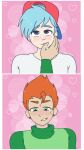  2boys ahe_gao artist_name blue_hair blush boyfriend_(friday_night_funkin) clothed cum cum_in_hand cum_in_mouth cum_on_face friday_night_funkin hand_on_cheek male_focus male_only pico&#039;s_school pico_(newgrounds) smirk sukkibee upper_body yaoi 