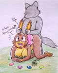  1boy 1girl anthro anthro_on_anthro cadbury cadbury_bunny canine dialogue doggy_position duo ear_grab ear_pull male male/female mascot rabbit rdk tears 