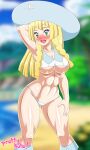  1girl alluring athletic_female beach big_breasts blonde_hair cleavage female_abs fit_female game_freak lillie_(pokemon) nintendo ocean pk-studios pokemon pretty_kute under_boob 