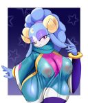  2023 ariem bedroom_eyes big_breasts bovid breasts clothed clothed_female eyeshadow horns jewelry kappa_spark nipples pink_eyes purple_eyeshadow see-through sega sheep sonic_dream_team sonic_the_hedgehog_(series) spakkykarpa 