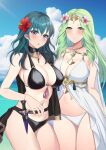  2023 2girls alluring alternate_costume bare_shoulders big_breasts bikini black_bikini black_choker black_swimsuit blue_eyes blue_sky blush bracelet breasts byleth_(female)_(fire_emblem) byleth_(female)_(summer)_(fire_emblem) byleth_(fire_emblem) byleth_(fire_emblem)_(female) choker cleavage cloud commentary cowboy_shot dagger day female_only fire_emblem fire_emblem:_three_houses fire_emblem_heroes flower green_eyes green_hair hair_flower hair_ornament high_res light-skinned_female light_skin long_hair looking_at_viewer multiple_girls navel nintendo ocean official_alternate_costume open_mouth pink_flower red_flower rhea_(fire_emblem) rhea_(summer)_(fire_emblem) sideboob sky standing stomach swimsuit tara_(szzj7733) tassel teal_hair thighs water white_bikini white_swimsuit 