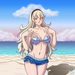  1girl 4thanysc alluring bare_legs beach big_breasts bikini blue_sky cleavage corrin_(fire_emblem) corrin_(fire_emblem)_(female) fire_emblem fire_emblem_fates grey_hair magenta_eyes nintendo ocean sand seashell_bra sokloeum 