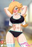  1girl alluring athletic_female big_breasts blonde_hair blue_eyes cleavage crown female_abs fit_female mario_(series) nintendo pk-studios posing pretty_kute princess_rosalina rosalina royalty short_gym_shorts sports_bra super_mario_bros. towel_around_neck 