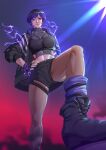 1girl alluring athletic_female black_and_purple_hair crop_top female_abs fit_female jacket lightning namco pantyhose purple_eyes reina_(tekken) shoes shorts sleepy.cat tekken tekken_8