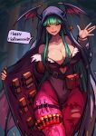  1girl ap_cammy bangs bat_print big_breasts capcom cleavage clothing cosplay darkstalkers dialogue english_text female_only green_eyes green_hair grin halloween head_wings heart heart_cutout hooded_coat leotard long_hair looking_at_viewer merchant_(resident_evil) morrigan_aensland morrigan_aensland_(cosplay) pantyhose pink_pantyhose resident_evil_4 smiling_at_viewer speech_bubble succubus succubus_wings thick_thighs very_high_resolution wings 