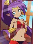 animated armband blue_eyes blush breasts clothed clothing collar ear_piercing earring female genie humanoid humanoid_pointy_ears jewelry montygluey nipples no_sound not_furry one_eye_closed piercing ponytail purple_hair shantae shantae_(character) short_playtime tagme text tongue tongue_out topless undressing video video_games wayforward webm wink