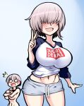 2_girls bare_midriff belly_button big_breasts breasts covering_breasts grey_hair hair_over_eyes huge_breasts joeydrawss nude nude_female short_hair shorts sisters solo_focus sugoi_dekai tagme uzaki-chan_wa_asobitai! uzaki_hana uzaki_yanagi v