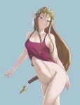  1girl bare_legs bare_thighs blue_eyes braid breasts brown_hair female_only long_hair naked_from_the_waist_down nintendo pointy_ears pomelomelon princess_zelda small_breasts smile the_legend_of_zelda thighs twilight_princess very_long_hair zelda_(twilight_princess) 