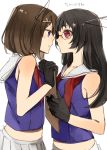  2_girls 2girls :t art babe black_gloves black_hair blue_eyes brown_hair choukai_(kantai_collection) eye_contact face-to-face female glasses gloves hair_ornament hairclip headgear hita_(hitapita) incipient_kiss kantai_collection long_hair looking_at_another maya_(kantai_collection) midriff multiple_girls red_eyes school_uniform serafuku short_hair simple_background sleeveless untied white_background 