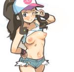  1girl areolae breasts cap collarbone denim denim_shorts erect_nipples hat hips legs midriff momogesomaru navel nintendo nipples no_bra pokemon pokemon_(game) pokemon_bw shiny shiny_skin shirt shirt_lift short shorts small_breasts smile solo topless touko_(pokemon) v visor_cap white_shirt wink wristband 