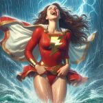  ai_generated belt big_breasts bodysuit bracelet brown_hair cape closed_eyes dc_comics dc_comics lightning lipstick long_hair long_sleeves mary_marvel miniskirt rain red_bodysuit red_lipstick screaming skirt_lift smile water wet white_cape 