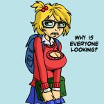 backpack big_breasts black_eyes blonde_hair book braces breasts cleavage cute dc glasses nerd ponytail power_girl short_hair shy solo