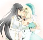  2girls artist_request babe bare_shoulders big_breasts black_hair blonde_hair blush bow breast_press breasts closed_eyes dress friends gloves hair_bow hair_ornament hairpin hand_holding hat ikaruga_(senran_kagura) interlocked_fingers kissing long_hair love military military_uniform multiple_girls mutual_yuri puffy_sleeves senran_kagura senran_kagura_(series) shiny_skin suit symmetrical_docking uniform very_long_hair yomi_(senran_kagura) yuri 