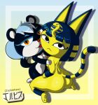 animal_crossing ankha anthro ass black_eyes black_fur blue_hair catgirl egyptian fanart furry jackintaro nintendo nipples nude orange_eyes paws squirrel_girl tasha_(animal_crossing) yellow_fur