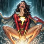  ai_generated belt big_breasts bodysuit bottomless bracelet brown_hair cape closed_eyes covering_pussy dc_comics dc_comics lightning lipstick long_hair long_sleeves mary_marvel rain red_bodysuit red_lipstick screaming smile spread_legs water white_cape 