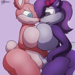 1girl 2017 anthro babs_bunny big_breasts blue_eyes breast_squish breasts breasts_frottage female/female fifi_la_fume fur furry j5furry lagomorph mammal nude pink_fur pink_nose pregnant purple_fur rabbit simple_background skunk smile tiny_toon_adventures warner_brothers