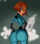 ass ass_cleavage blue_bodysuit caked_up cartoon_milf danny_phantom dat_ass ghost looking_back madeline_fenton nickelodeon oddrich purple_eyes red_lipstick sideboob thigh_gap wasp_waist