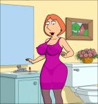 back_view bathroom dress dressing erect_nipples family_guy lois_griffin opacity red_hair sexfightfun show smiley_face stockings transparent transparent_clothing