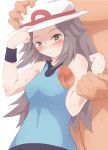  1girl armpit_sex blue_(pokemon) blush brown_eyes brown_hair censored hat holding holding_hat leaf_(pokemon) long_hair penis pokemon pokemon_(game) pokemon_frlg rei_oe shirt skin_tight sleeveless sleeveless_shirt solo_focus sweat wristband 