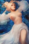 1girl 1girl artist_name blonde_hair flower_bed looking_at_viewer lying mercy_(overwatch) momo-deary momodeary overwatch topless transparent_clothes