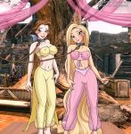 beauty_and_the_beast blonde_hair blush bondage breasts brown_hair crossover disney enchantedhentai.com hair navel princess_belle pussy rapunzel see_through tangled tree