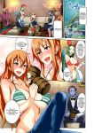  2boys 2girls big_breasts blush breasts censored comic completely_nude fellatio group_sex handjob hetero highres isao large_breasts long_hair mmf_threesome multiple_boys multiple_girls nami nami_(one_piece) navel nipples nude one_piece oral orange_eyes orange_hair penis sex spread_legs straw_hat_pirates tattoo threesome translated vaginal 