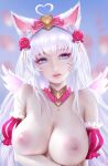  1girl animal_ears big_breasts blue_eyes breasts cat_girl close-up high_resolution long_hair looking_to_the_side love_(artist) makeup nekomimi nipples original standing topless upper_body white_hair 