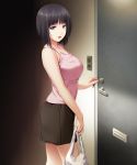 1girl ass bag bare_shoulders black_eyes black_hair breasts door highres huge_breasts key keyring legs looking_at_viewer open_mouth pink_poison short_hair skirt solo standing thighs