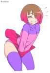  1girl bete_noire betty_noire blush bob_cut brown_hair closed_eyes cute dyed_hair glitchtale grin hair_over_one_eye happy panties pink_hair pink_panties pink_shirt pink_skirt purple_shirt purple_stockings rawgreen red_skirt short_hair shy skirt skirt_lift skirt_tug smile thick_thighs undertale_au wind_lift zettai_ryouiki 