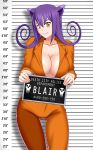 animal_ears big_breasts blair bluebullpen breasts cat_ears cleavage jail jumpsuit looking_at_viewer mugshot orange_jumpsuit prison purple_hair smile solo soul_eater yellow_eyes