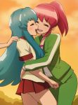 2girls ^_^ aino_megumi ambiguous_gender arm arms bare_legs blue_hair blush clenched_teeth closed_eyes female friends hair happinesscharge_precure! happy haruyama haruyama_kazunori highres hugging incipient_kiss legs long_hair love multiple_girls mutual_yuri oomori_yuuko open_mouth out_of_frame outside panties pink_hair ponytail precure red_skirt school_uniform shirayuki_hime short_hair skirt sky smile sunset track_jacket underwear yuri