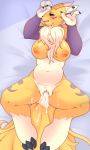 1girl 1girl 2017 absurd_res after_sex anthro big_breasts breasts chest_tuft cum cum_inflation cum_leaking digimon drooling furry high_res inflation kissurai looking_at_viewer lying nude on_back open_mouth pussy renamon saliva smaller_version_at_source spread_legs spreading tuft